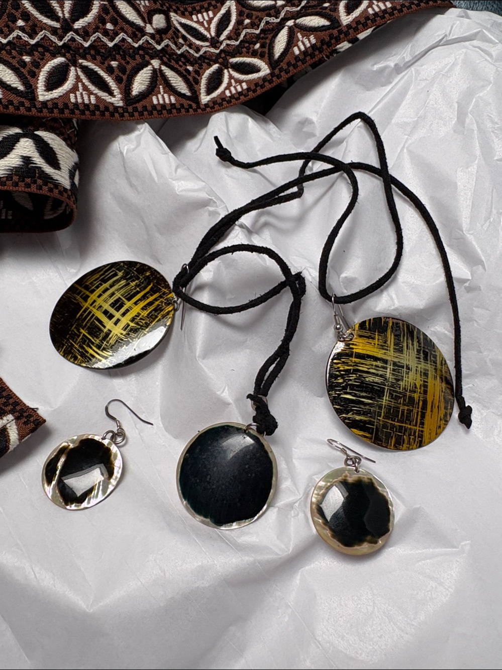 Handcrafted Black and Yellow Round Pendant Necklace and 2 matching Earring Sets!